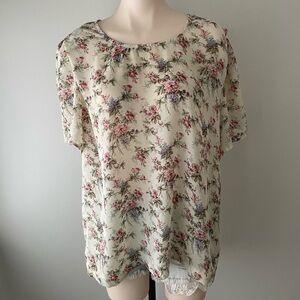 90s Vintage More Jazz Cottagecore Floral Chiffon Top Blouse Plus Size Petite